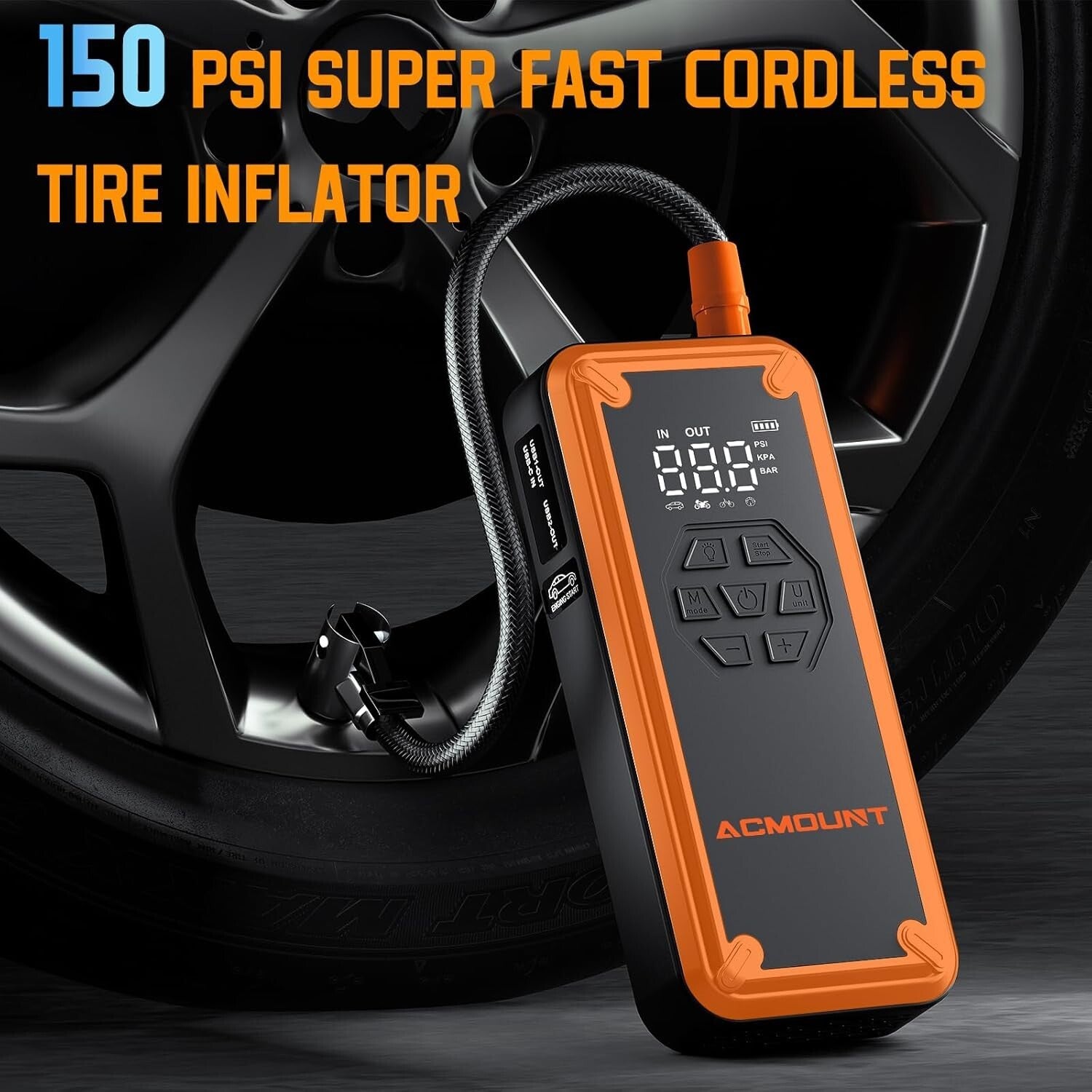 5000A Portable Jump Starter and Tire Inflator with LCD Display & Accessories