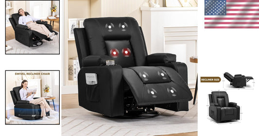 Contemporary Black Recliner Chair with Massage, Cup Holders, and Storage Pockets