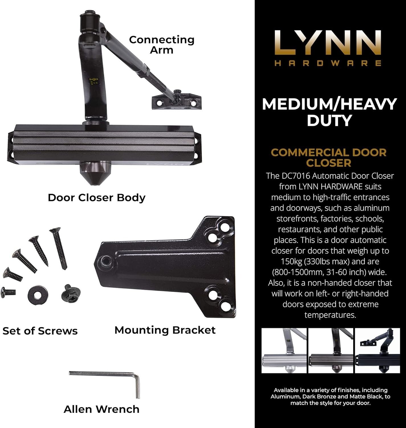 Surface Mounted Commercial Door Closer - Adjustable Size 1-6, Dark Bronze Finish