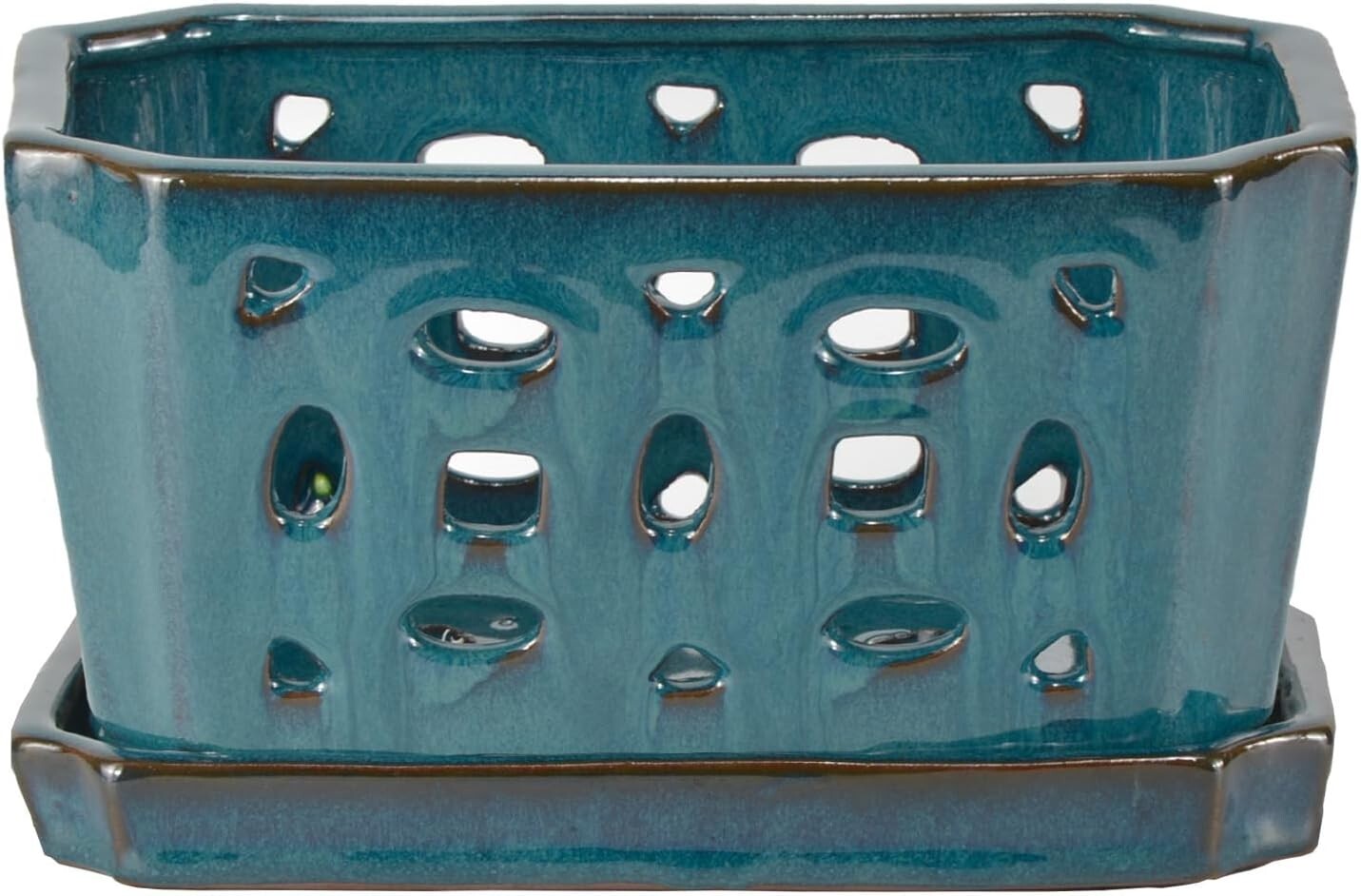 Durable Ceramic Orchid Pot with Saucer - 9.7" Teal Indoor/Outdoor Planter