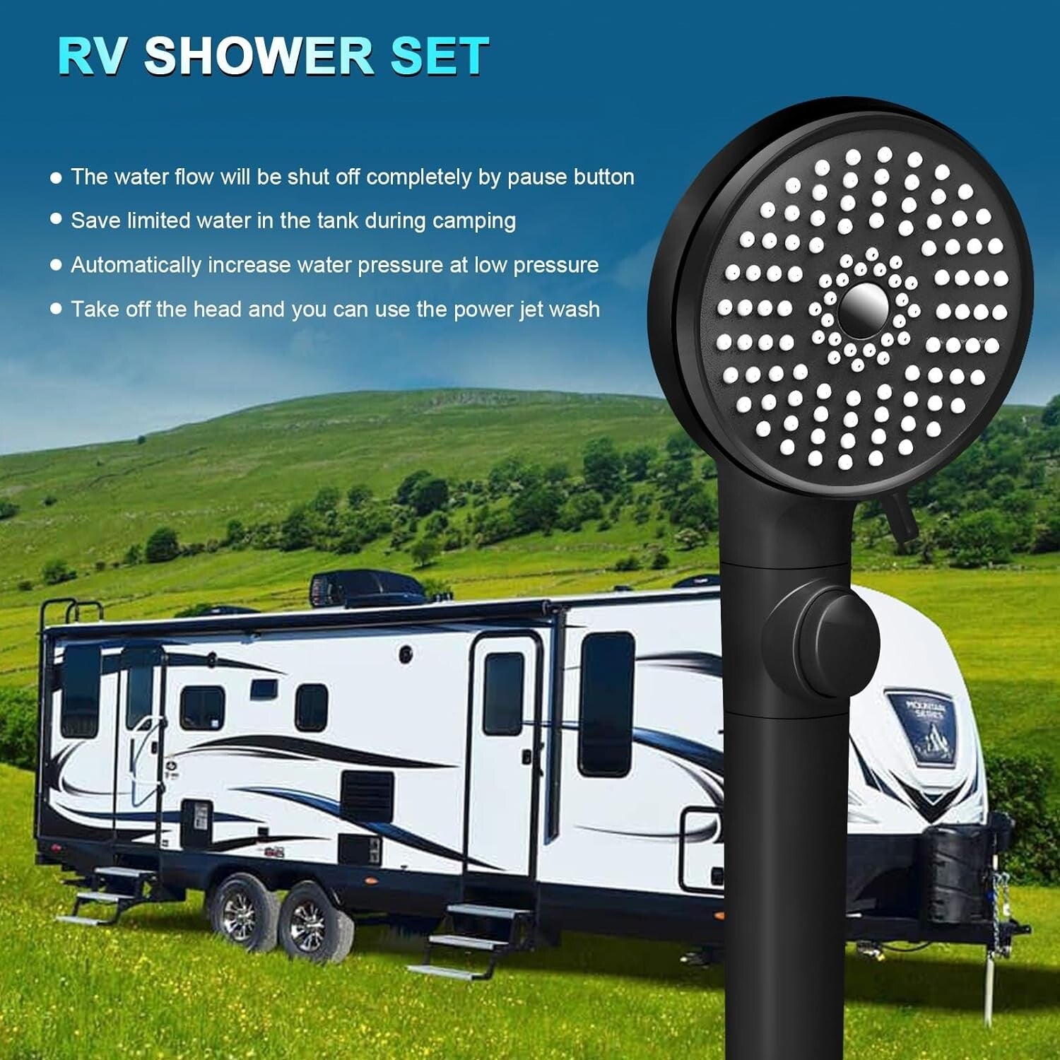 Comfort & Convenience: High-Pressure 5-Mode Shower Head for RVs with Hose Clamp