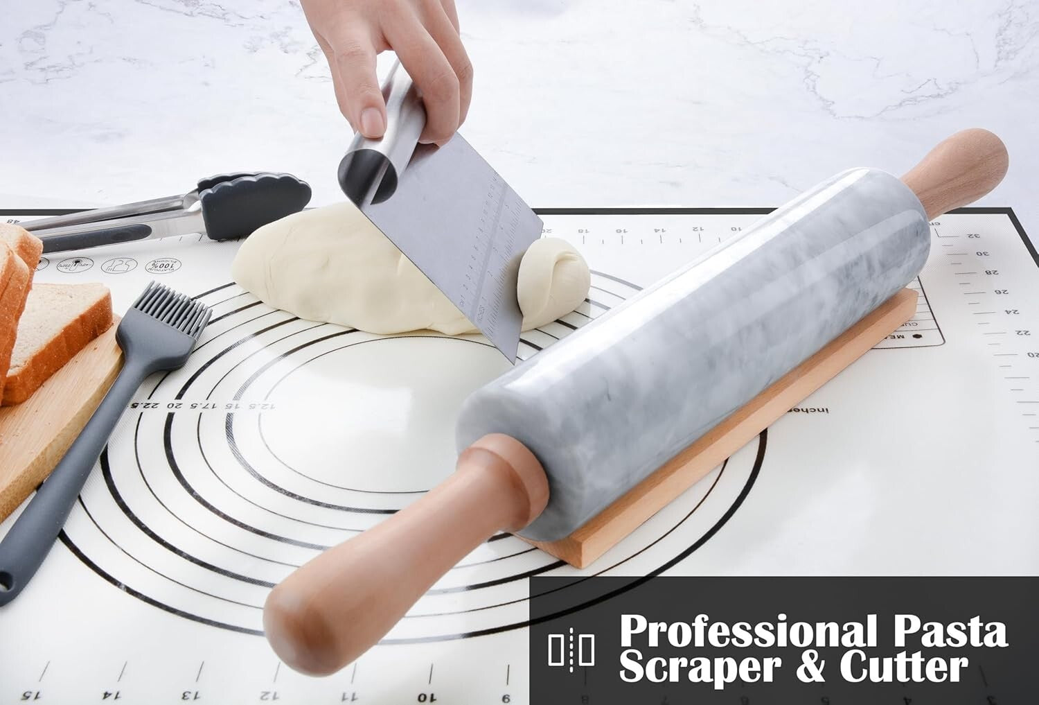 18.5-Inch Polished Marble Rolling Pin Set: Pastry Mat, Brush, & Tongs Included