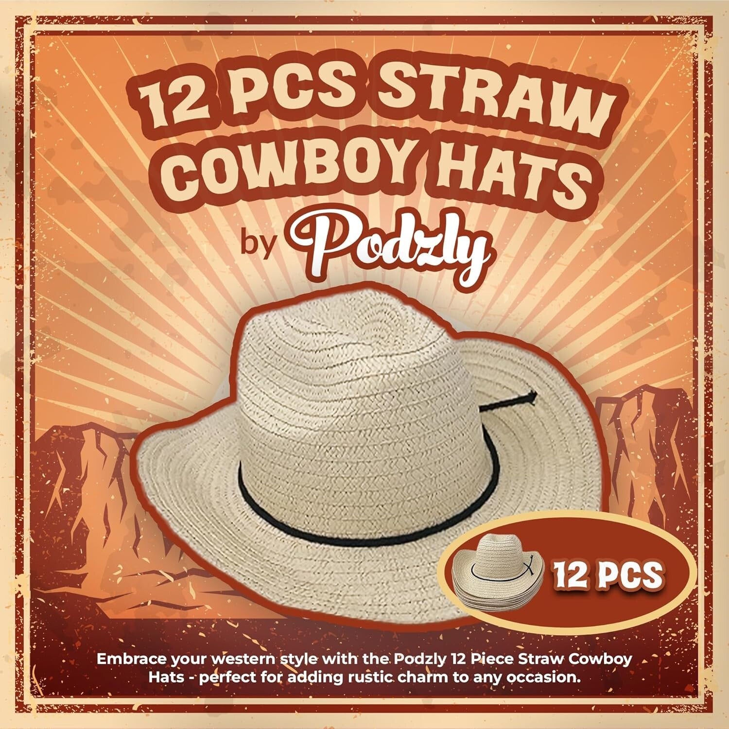 Universal Fit 24" Straw Cowboy Hats for Men & Women - Perfect Party Accessories