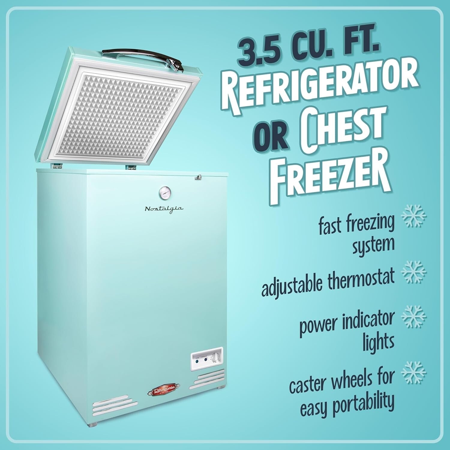 Aqua Retro Style Chest Freezer & Refrigerator - 3.5 Cu.Ft., Lock & Wheels