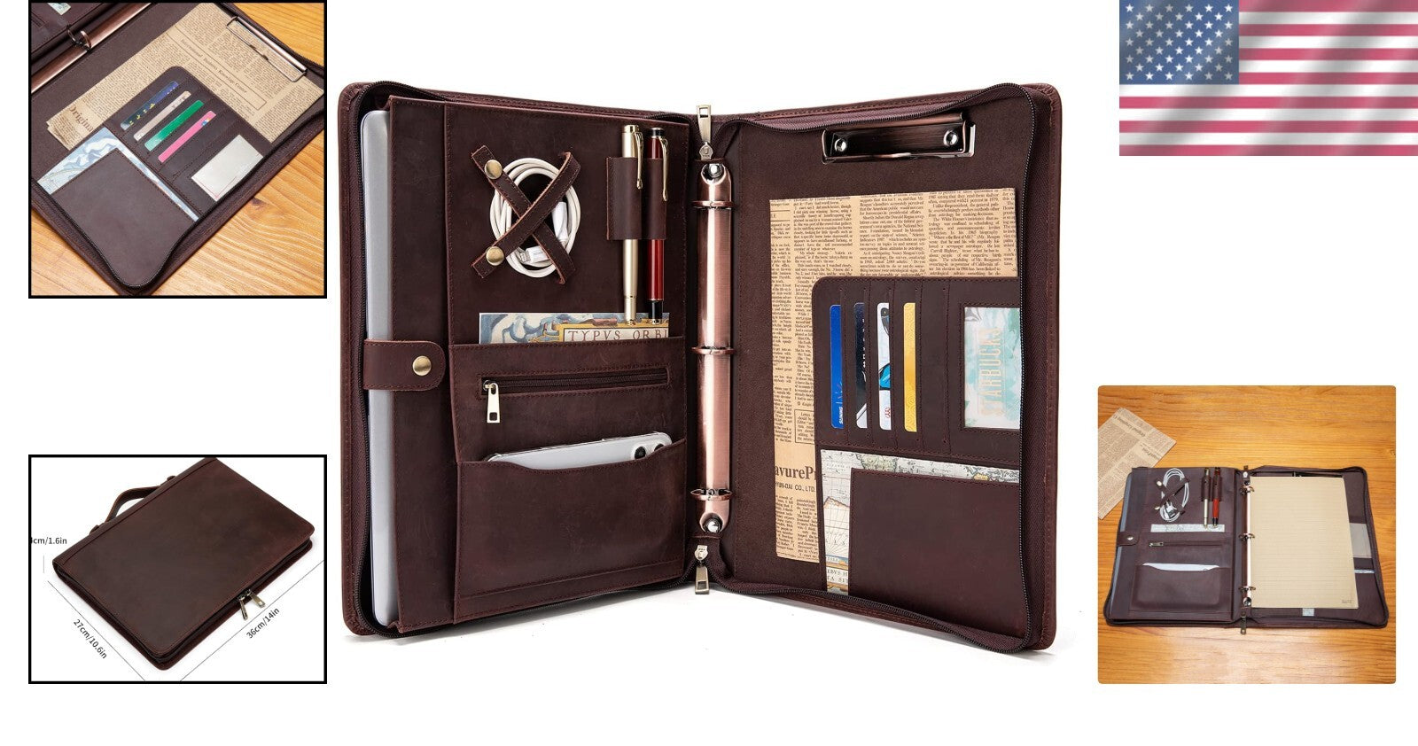 Elegant 3-Ring Leather Padfolio with Tablet Holder - Perfect for Business Trips
