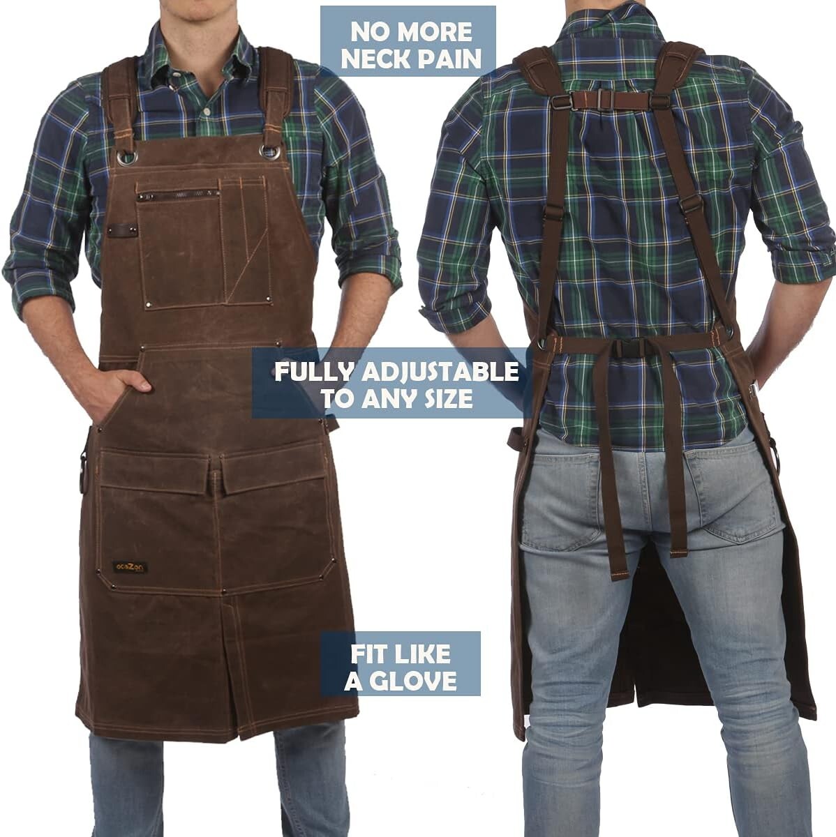 Extra Long Fully Adjustable Waxed Canvas Shop Apron with 6 Pockets for Comfort