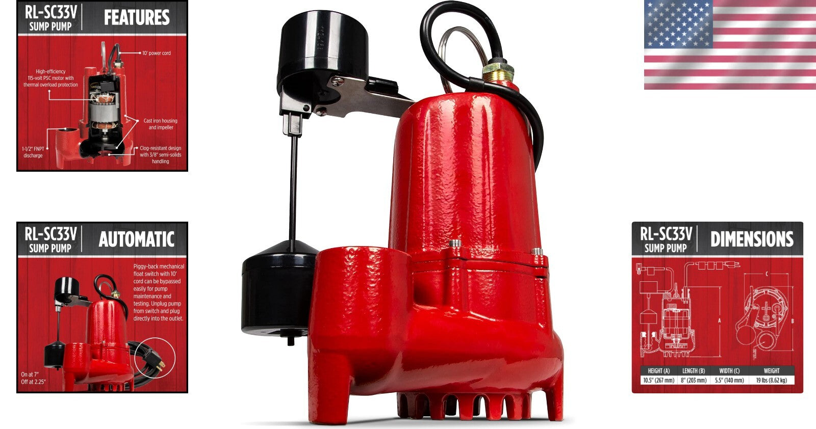 Automatic Red Sump Pump - 1/3 HP, 25-Ft Lift with 10-Ft Cord for Flood Control