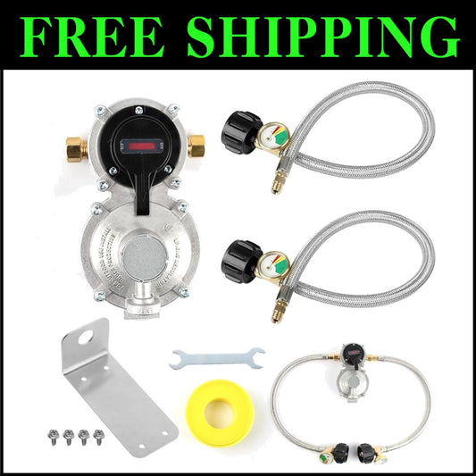Auto Changeover 2-Stage LP Propane Regulator Kit with Gauge & Hoses for RVs