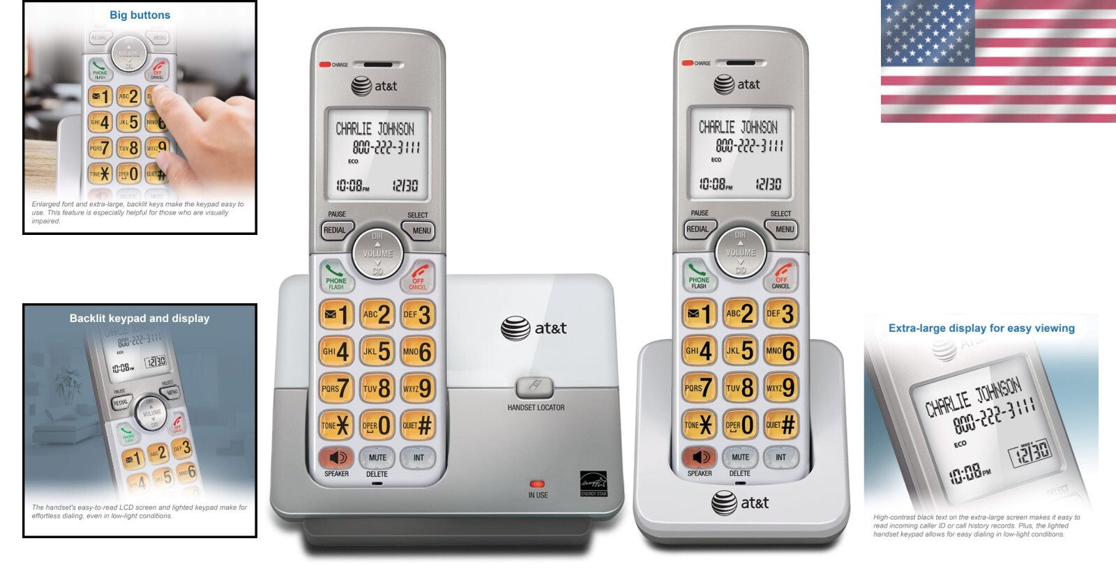 Dual Handset DECT 6.0 Cordless Phone System with Call Waiting & Voicemail Access