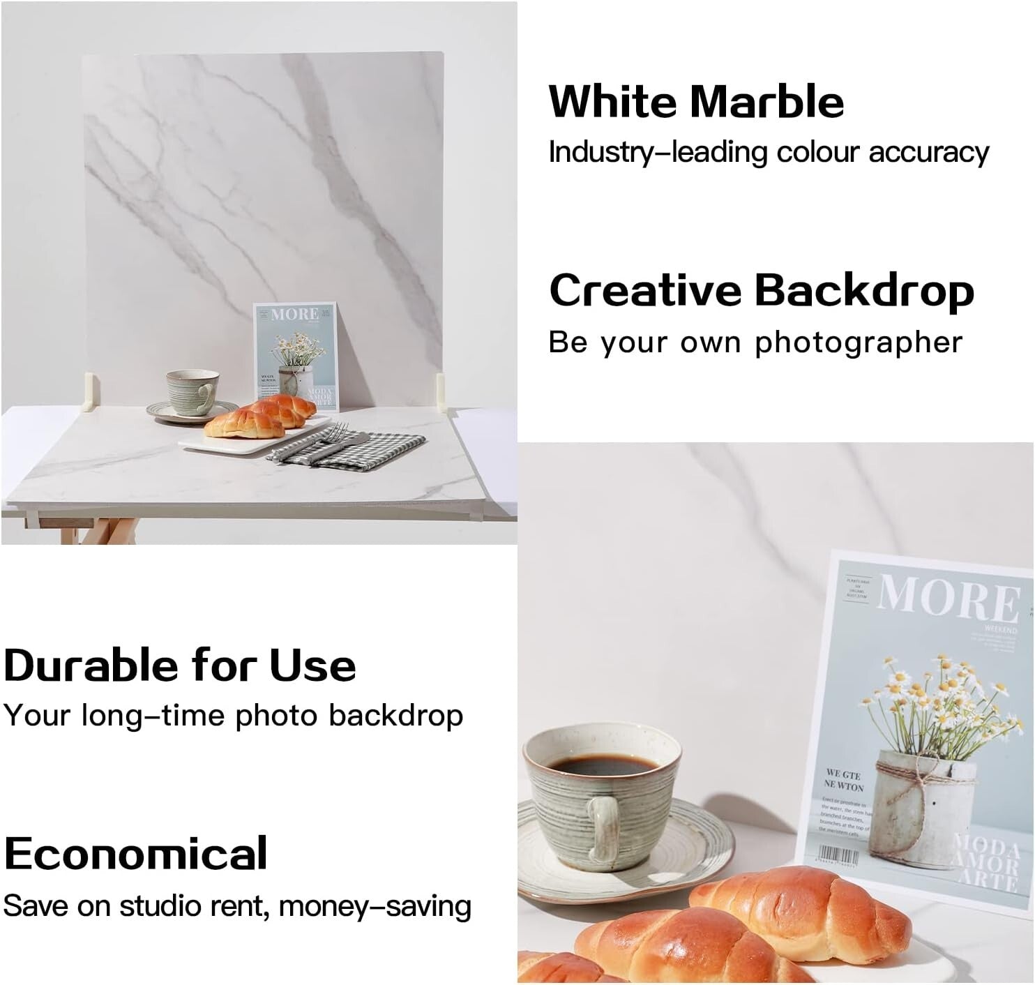Versatile Marble and White Photography Backdrop Boards with Brackets - 2 PCS Set