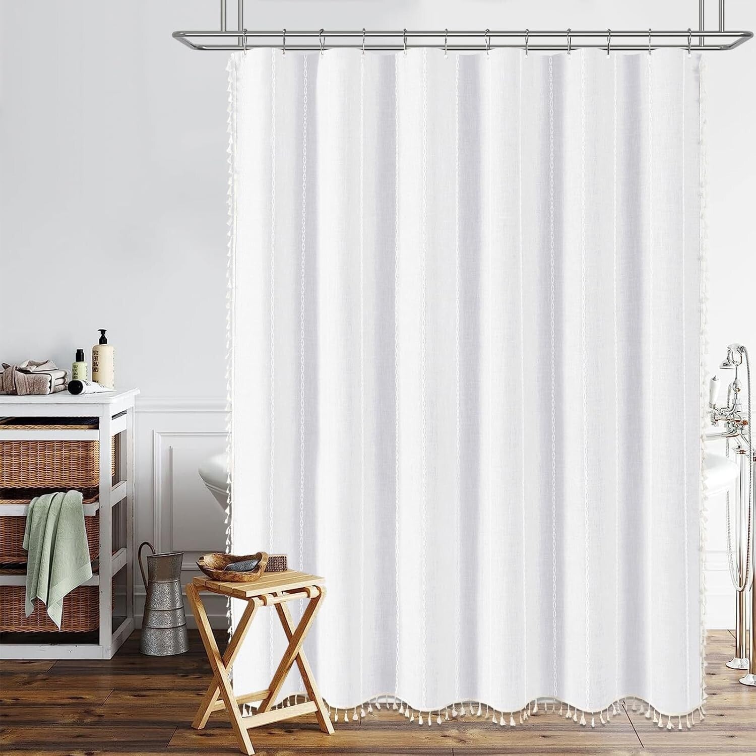Elegant 72x84 Inch Linen Blend Shower Curtain with Tassels for Modern Farmhouses