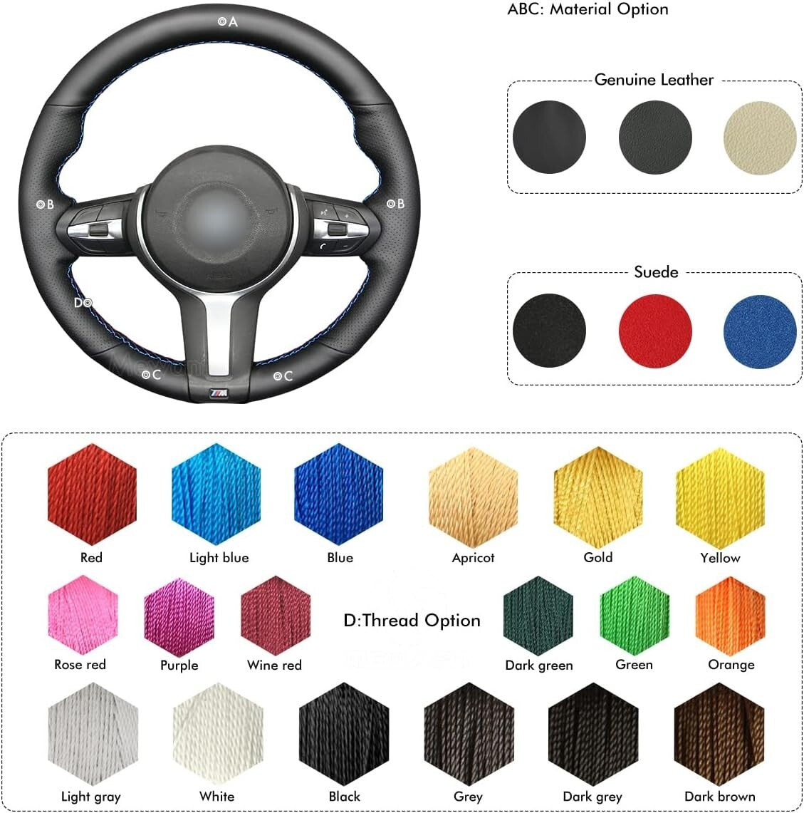 BMW M Sport Steering Wheel Cover - Black Genuine Leather with Stylish Stitching