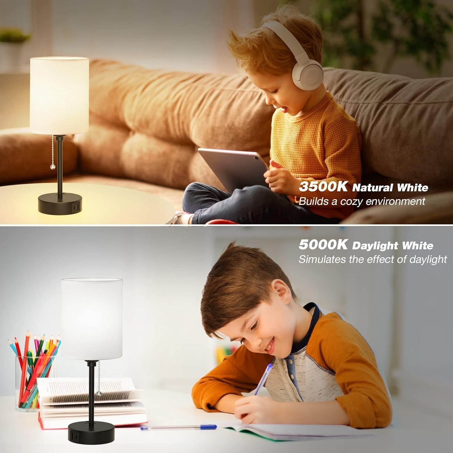 Elegant Black & White Bedside Table Lamps with USB & AC Outlet - 3 Color Modes