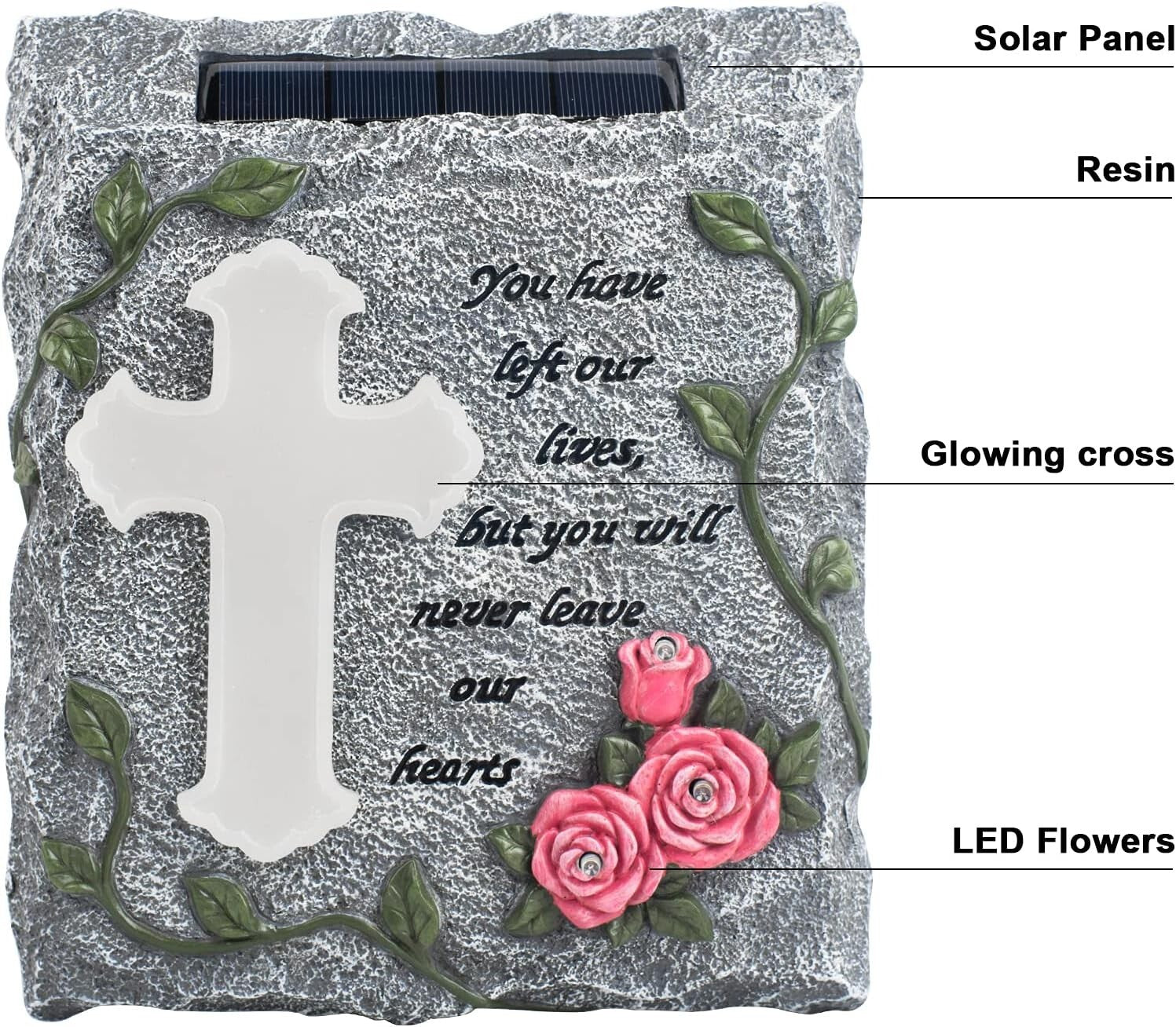 Elegant Solar-Powered Memorial Stepping Stone with Cross and Floral Carvings
