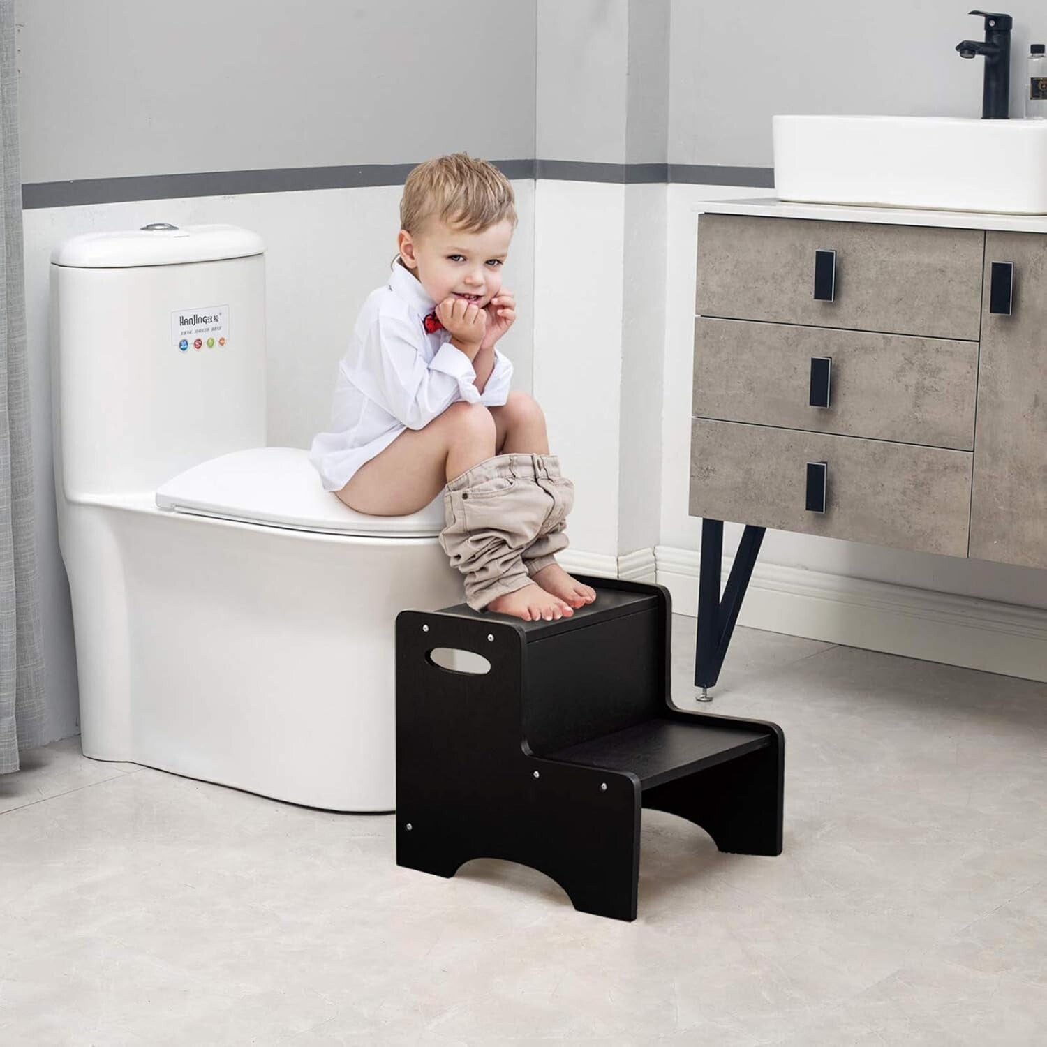 Natural Finish 2-Step Wooden Stool for Kids - Ideal for Bathrooms & Kitchens