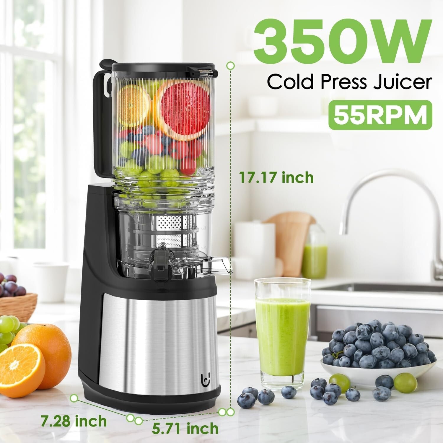 Compact Masticating Juicer - 5.8" Feeding Chute, High Juice Yield & Quiet Motor