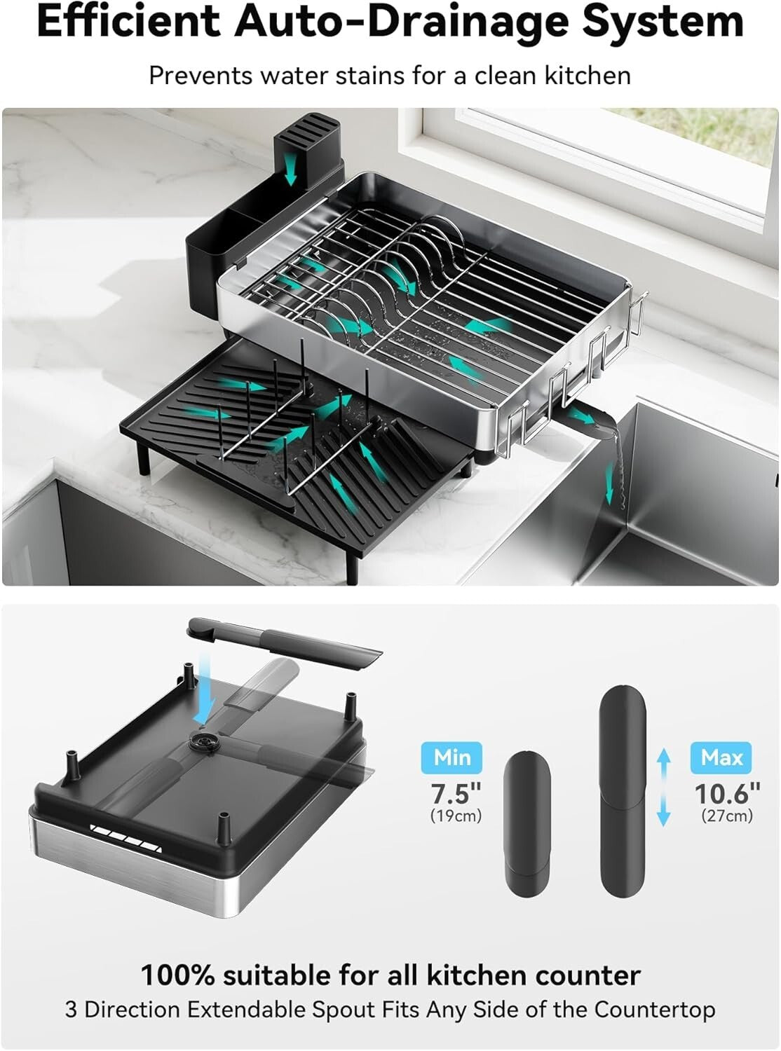 Black Expandable Dish Rack with Flip-Up Holders - 304 Stainless Steel Durability
