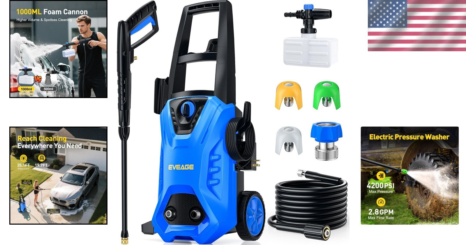 Electric Pressure Washer 4200 PSI - Ultimate 3 Nozzle Cleaning for Cars & Patios