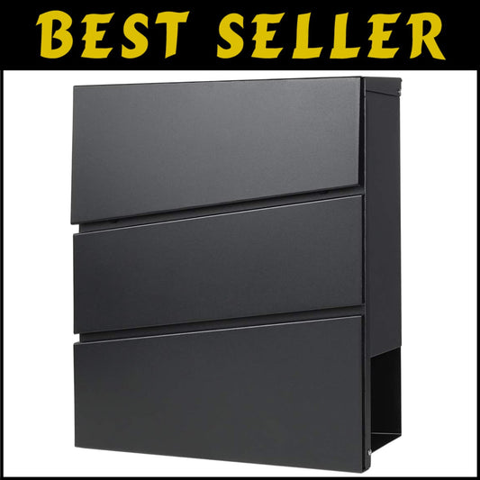 Durable Black Mailbox with Key Lock & Integrated Newspaper Holder, 13" x 14.4"