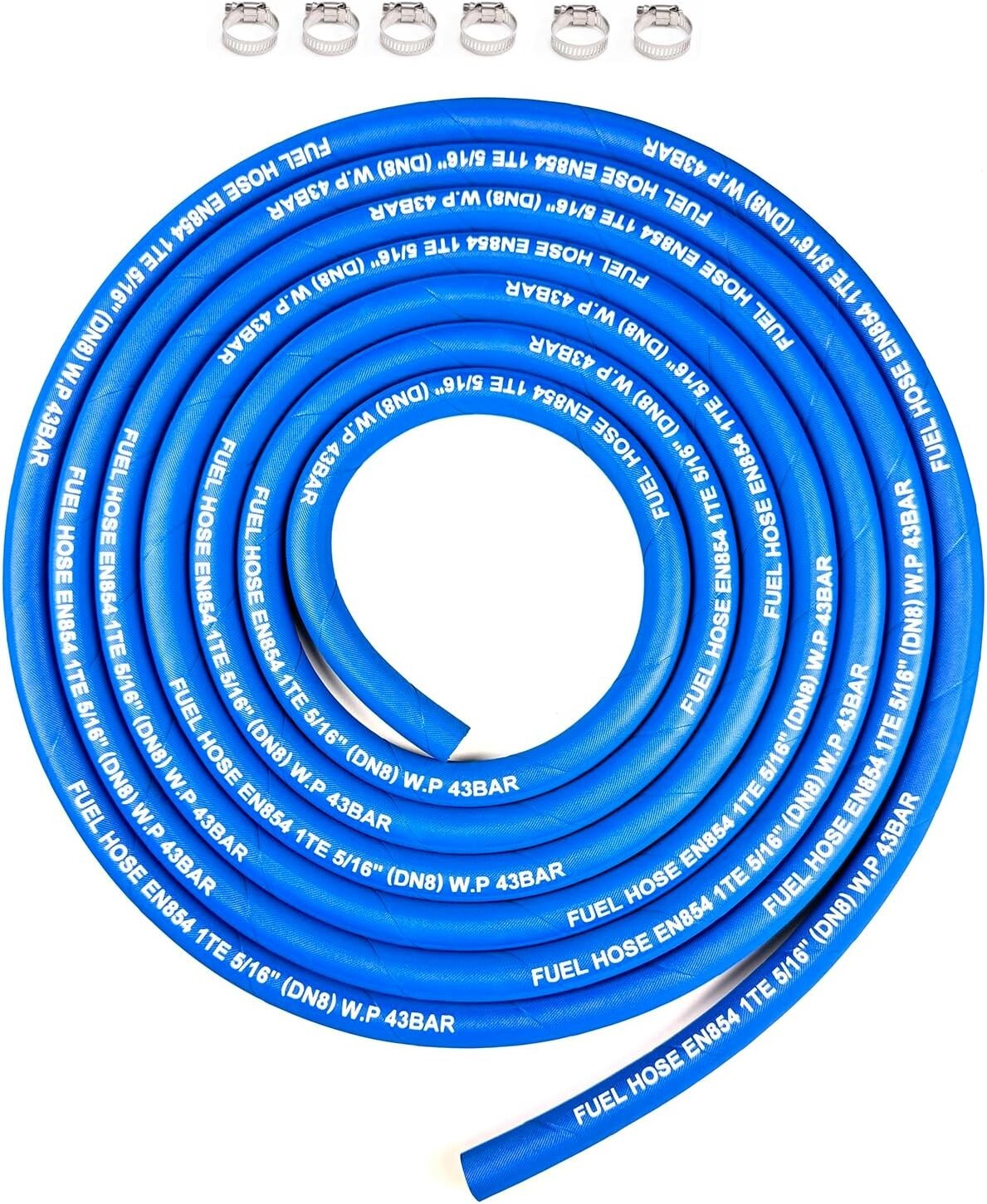 15FT High Pressure Fuel Hose 5AN 5/16" with 6 Clamps - Durable Rubber Blue