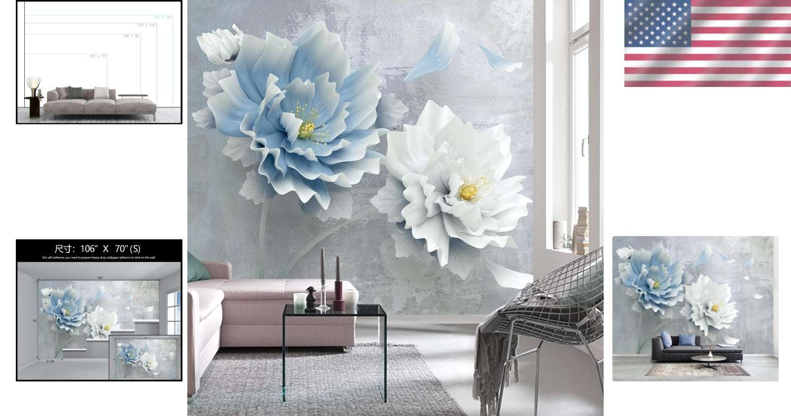 Luxury Blue Floral Silk Wallpaper Mural – Perfect for Bedrooms & More