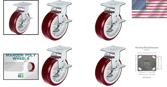 6" x 2" Heavy Duty Polyurethane Swivel Casters with Brakes - 3600lbs Capacity