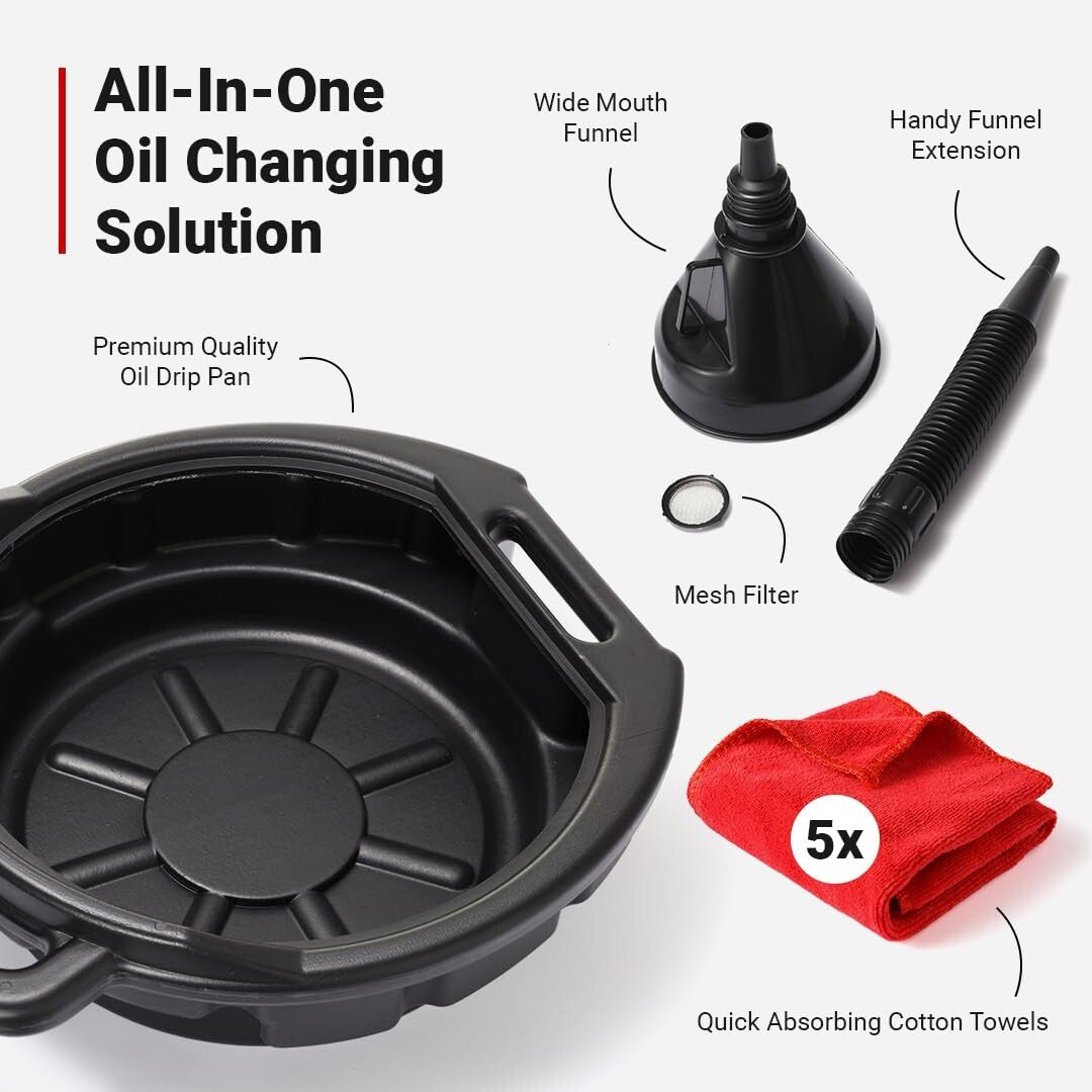Durable Oil Change Kit with 8 Quart Pan, Funnel & Shop Towels for DIY Mechanics