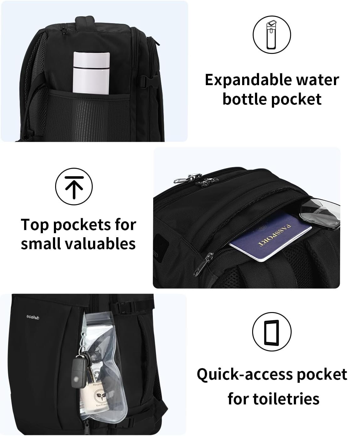 Functional Travel Backpack with Luggage Sleeve & Expandable Water Bottle Pocket