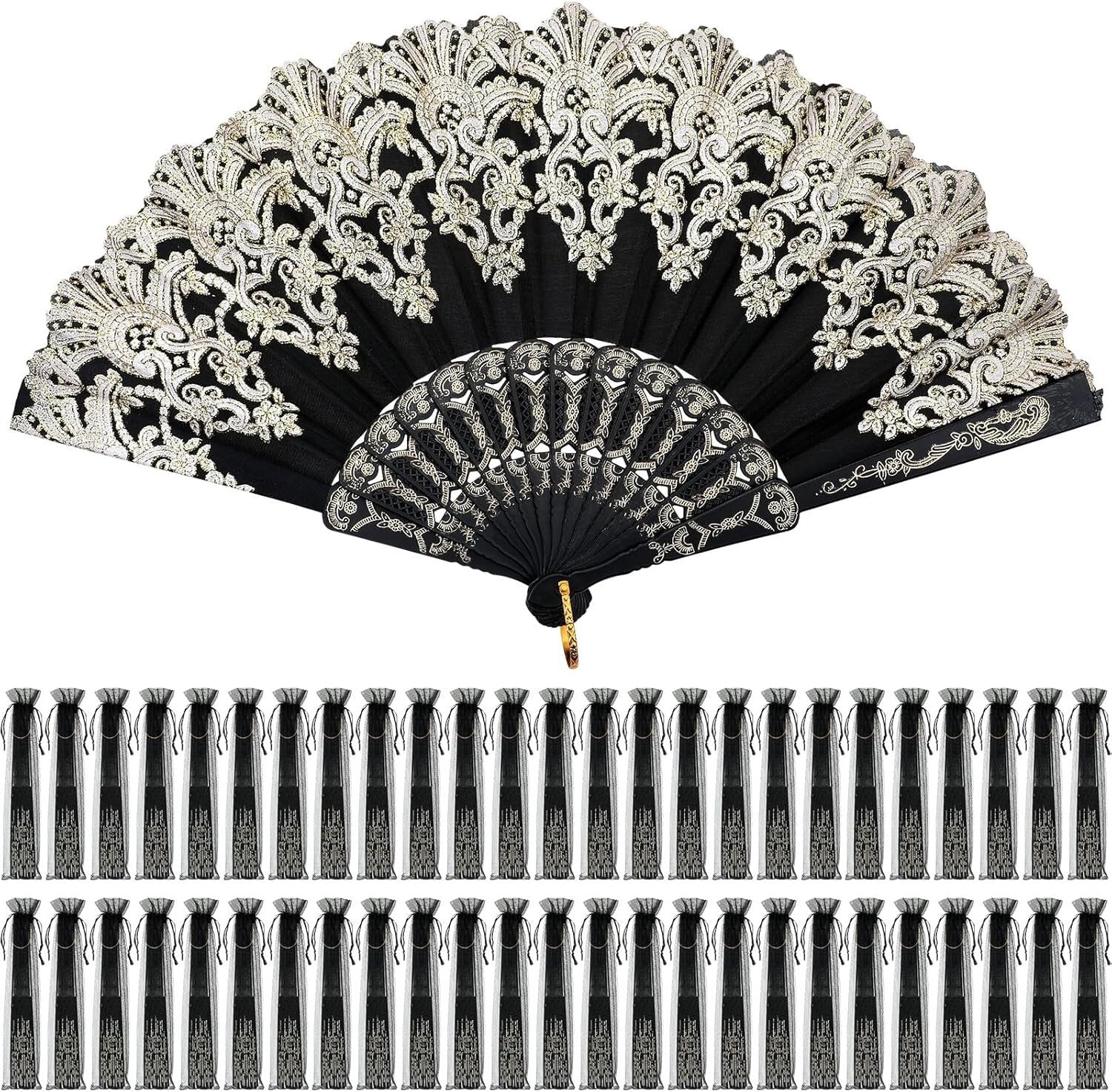 Chic 50 Pcs Lace Folding Fans with Gift Bags - Ideal for Summer Events & Dances
