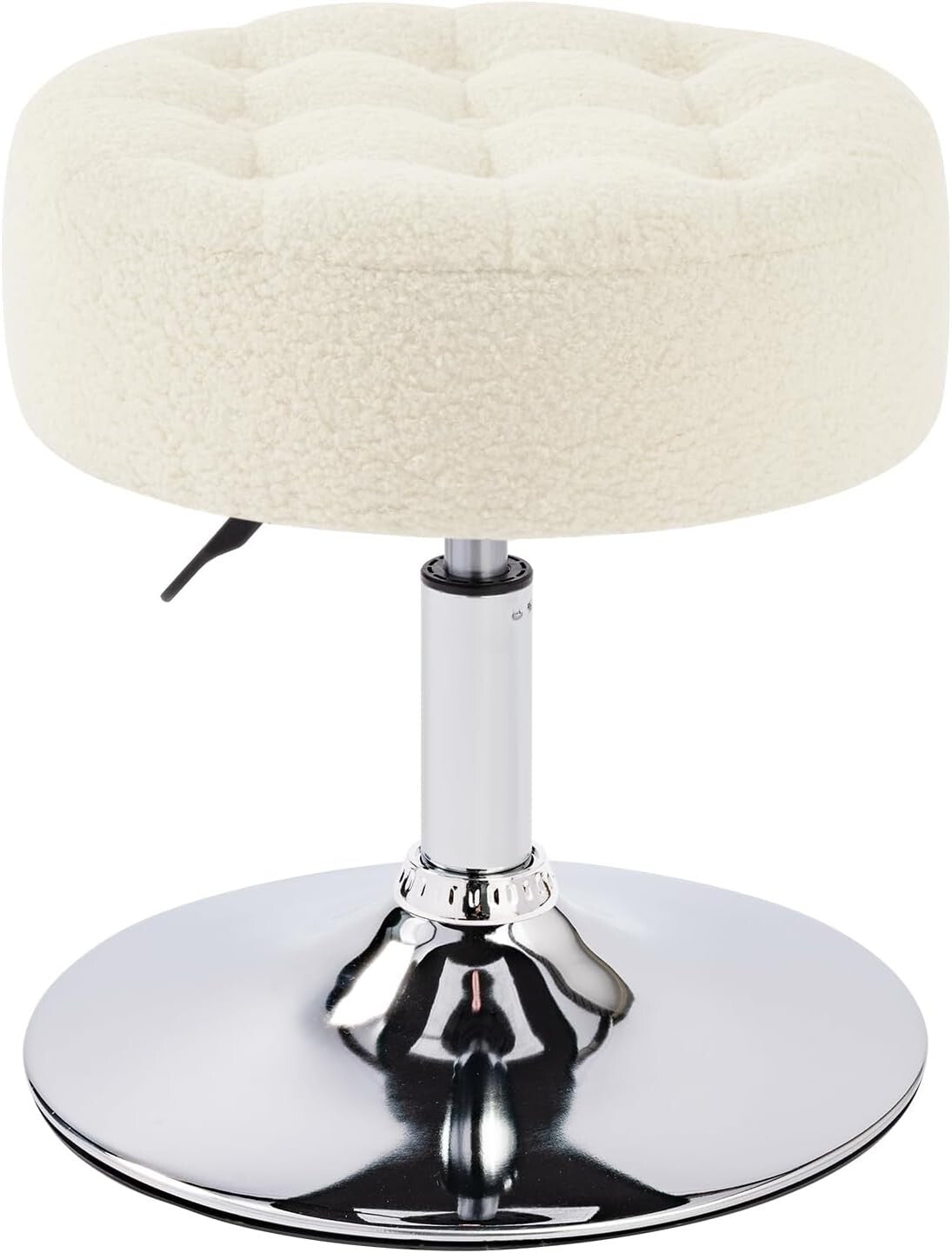 Elegant Round Makeup Vanity Stool - Adjustable Ivory White Faux Fur Ottoman