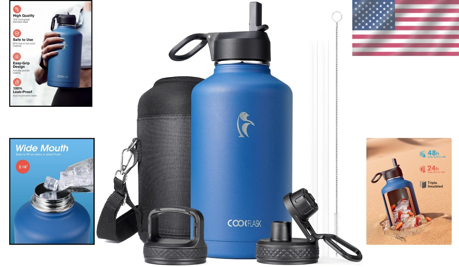 Durable 64 oz Insulated Water Bottle with Straw & Lids - Perfect for Outdoors