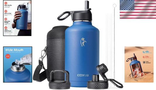Durable 64 oz Insulated Water Bottle with Straw & Lids - Perfect for Outdoors