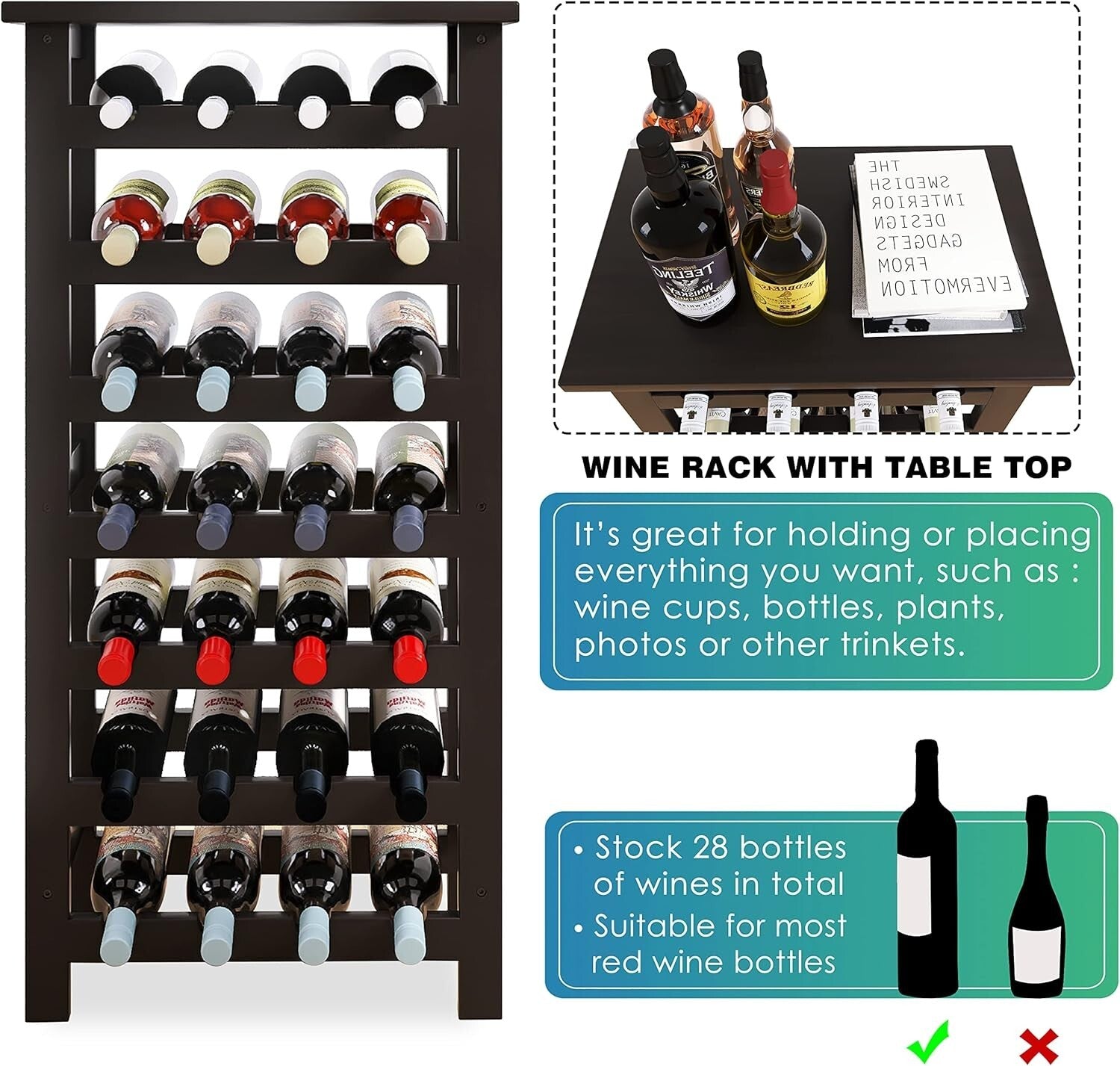 Chic Black Bamboo Wine Rack for 28 Bottles - 7-Tier with Space-Efficient Design