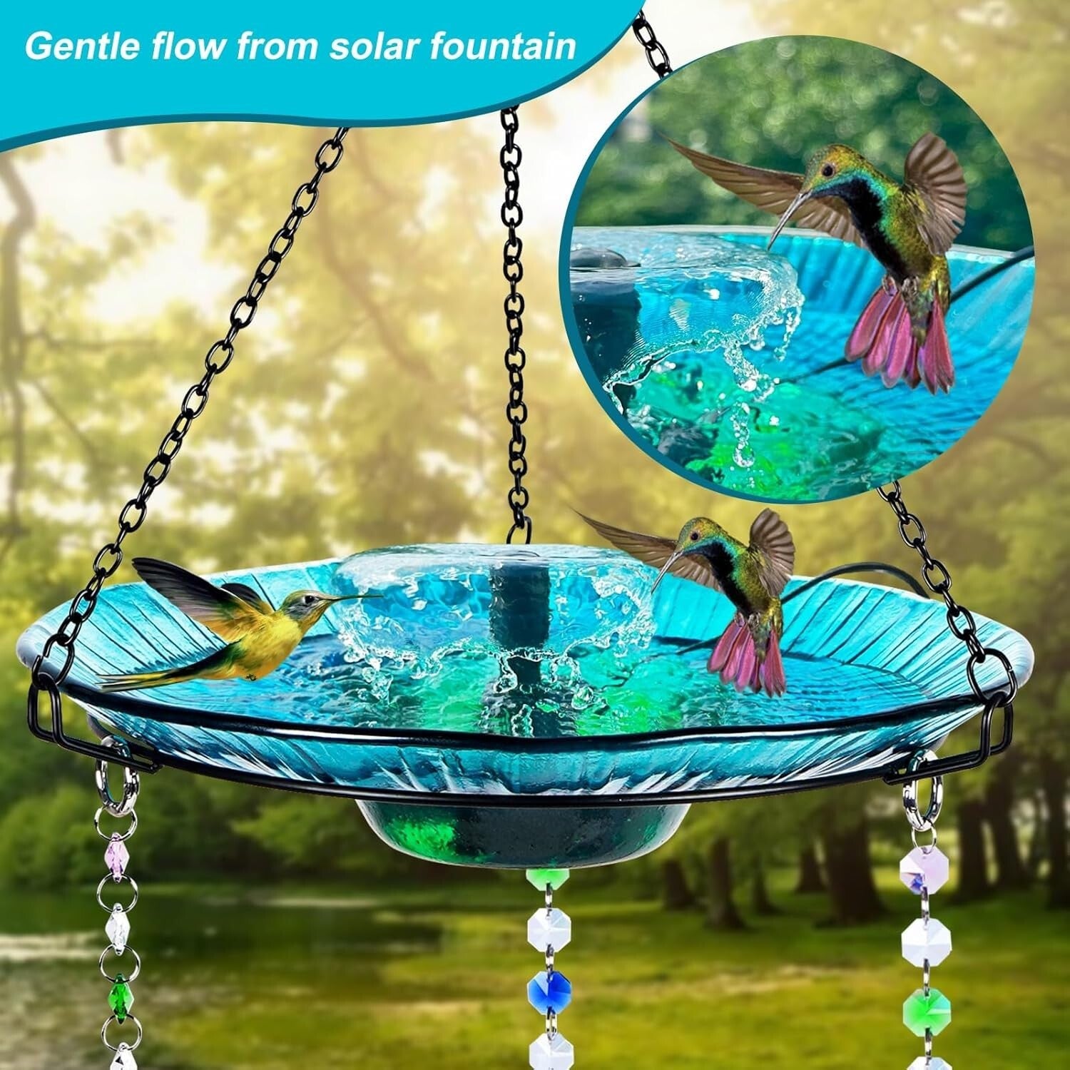 Luxury Hanging Bird Feeder and Bath for Hummingbirds - Solar Fountain Included