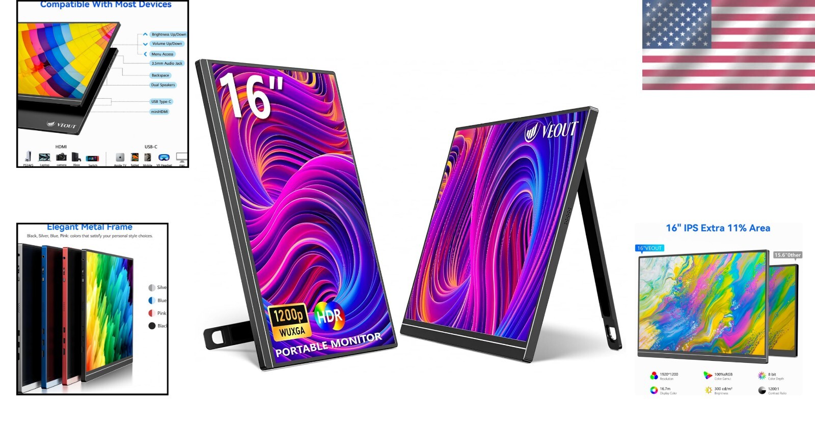 Ultra-Slim 16-Inch Portable Monitor with Kickstand - Ideal for Work and Travel