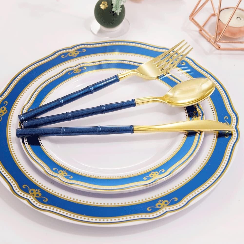 Disposable Gold Plastic Cutlery with Blue Glitter Bamboo Handles - 180 Pieces