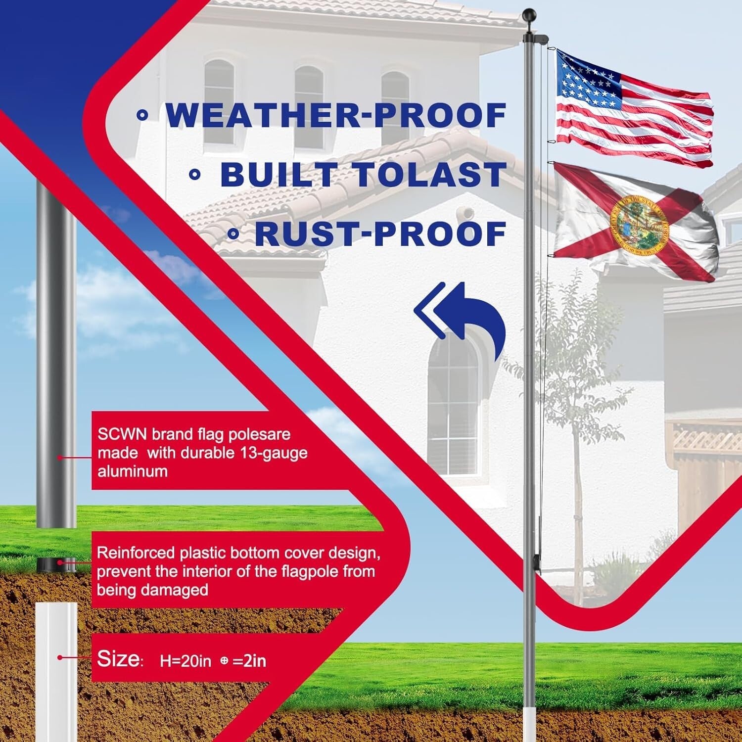 Commercial Grade 25FT Flag Pole Kit - 13 Gauge Aluminum with Embroidered Flag