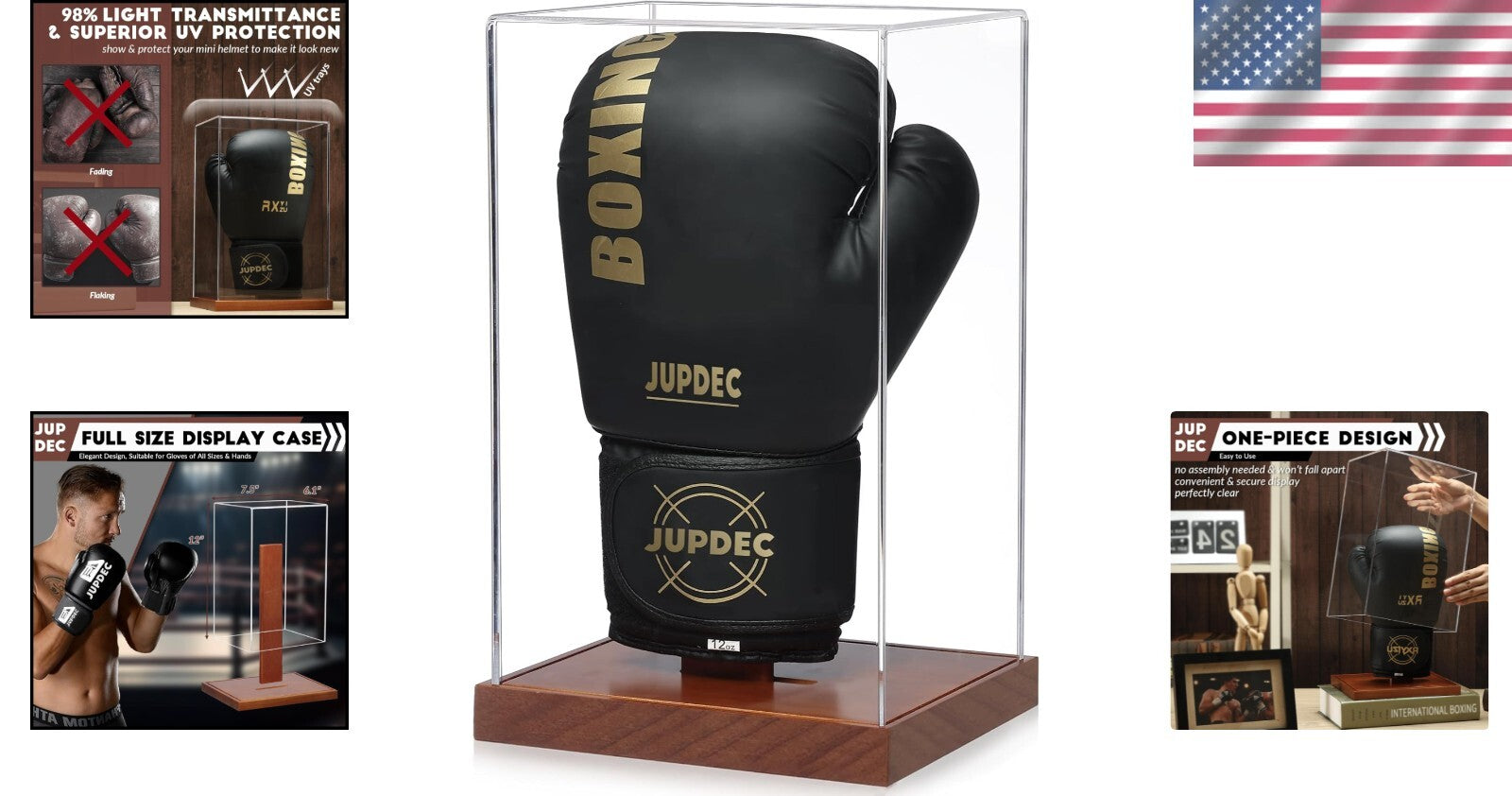 Compact UV-Protected Boxing Glove Display Showcase with Wood Base - Easy Setup