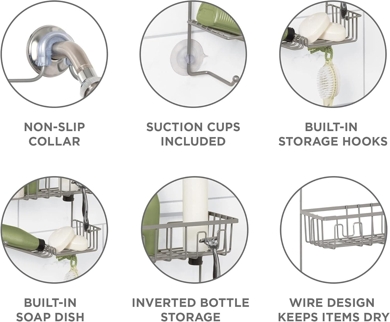 Easy-to-Install Satin Nickel Shower Caddy with 3 Compartments & Hooks