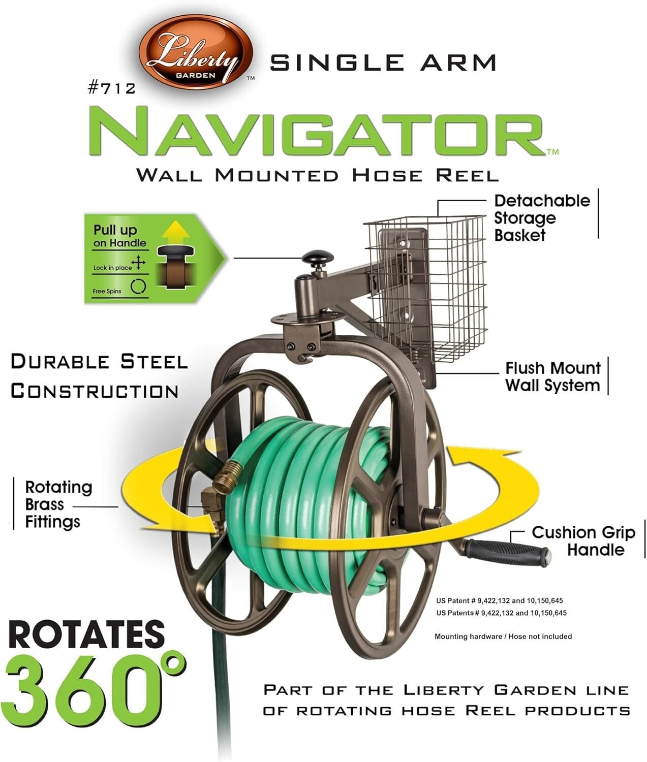 Rotating Bronze Hose Reel Holds 125ft Hose: Garden Essentials for Neat Storage