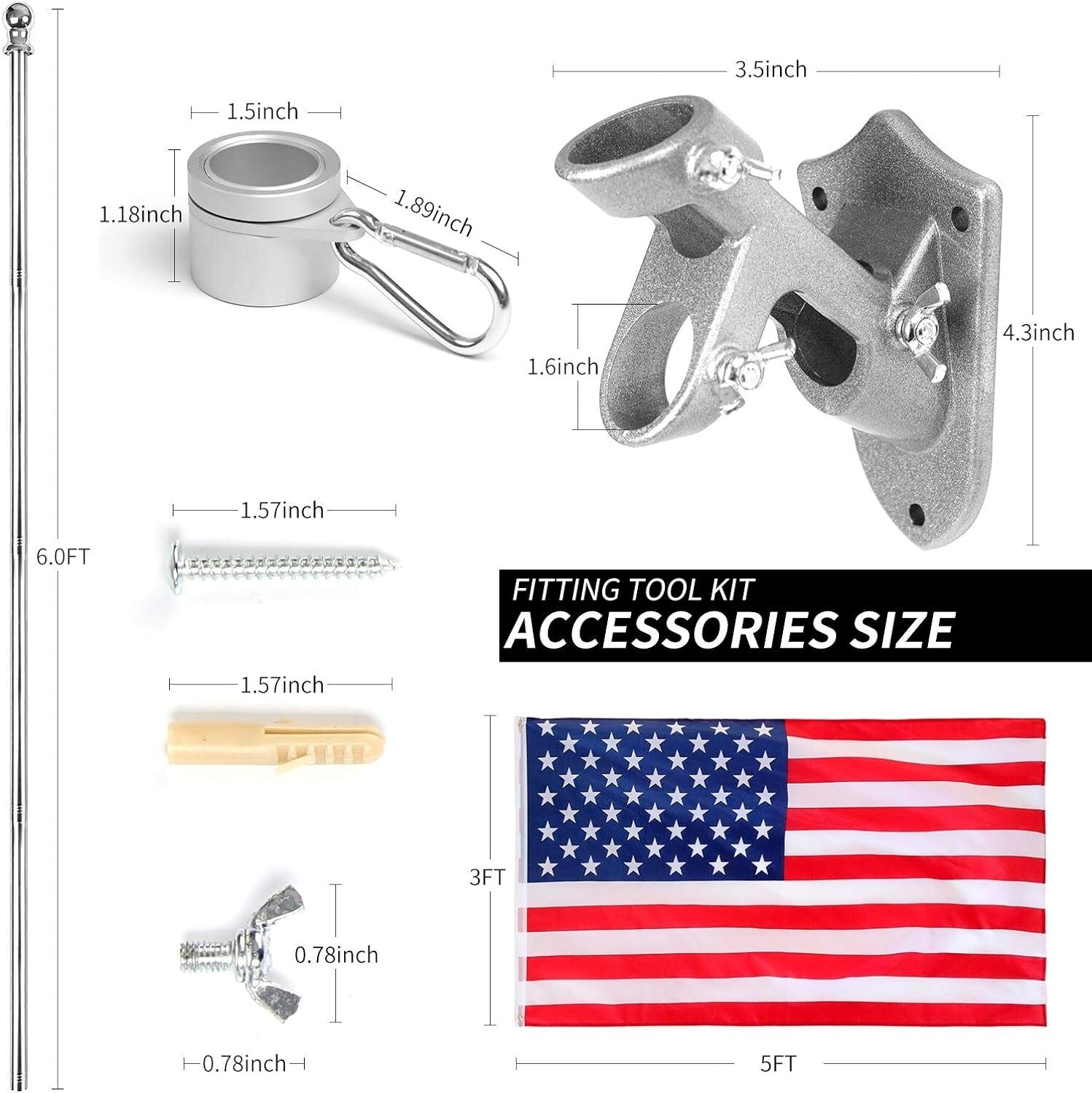 6ft Stainless Steel Flag Pole Kit with 3x5 ft Heavy-Duty American Flag