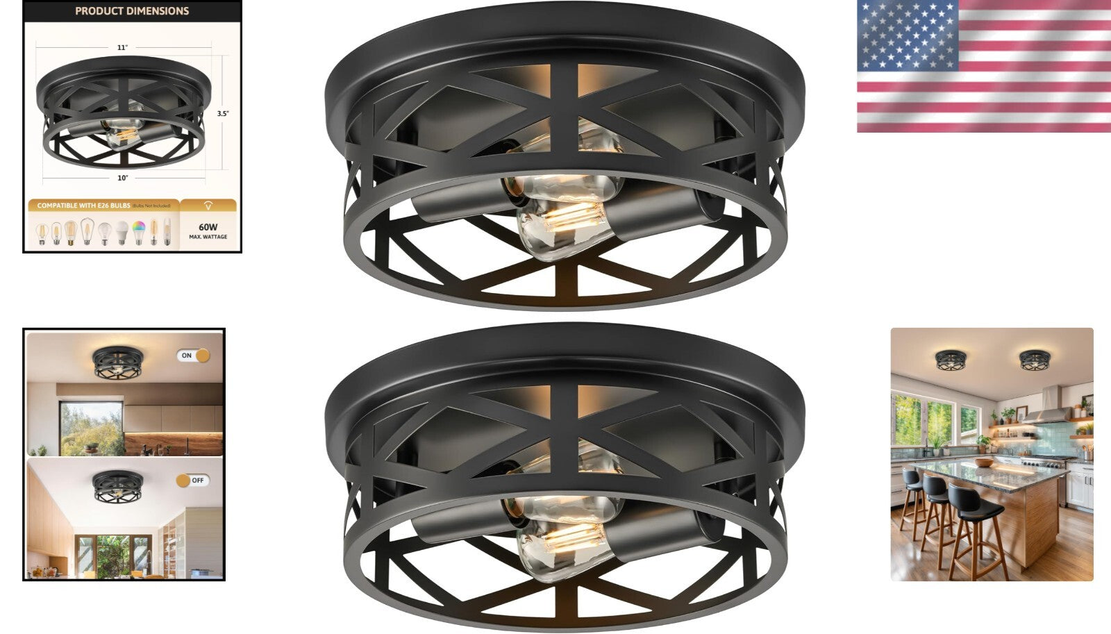 Modern Black Farmhouse Flush Mounts - 11" Adjustable Ceiling Lights Set of 2