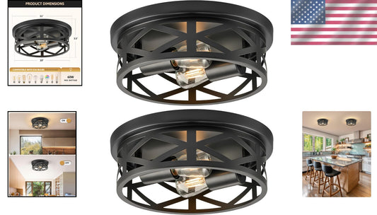 Modern Black Farmhouse Flush Mounts - 11" Adjustable Ceiling Lights Set of 2