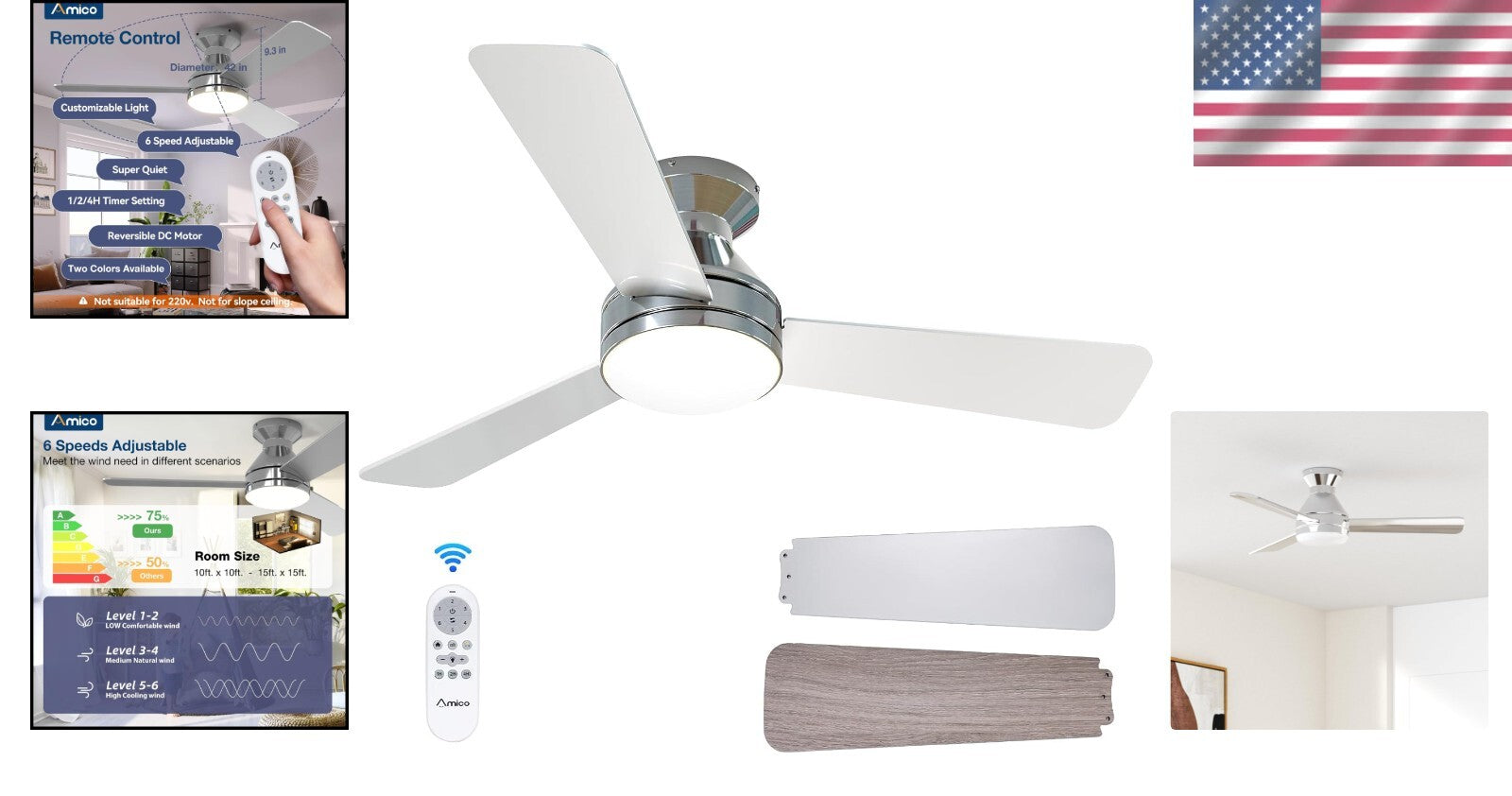 Dimmable 42" Nickel Ceiling Fan with Remote for Elegant Indoor/Outdoor Spaces