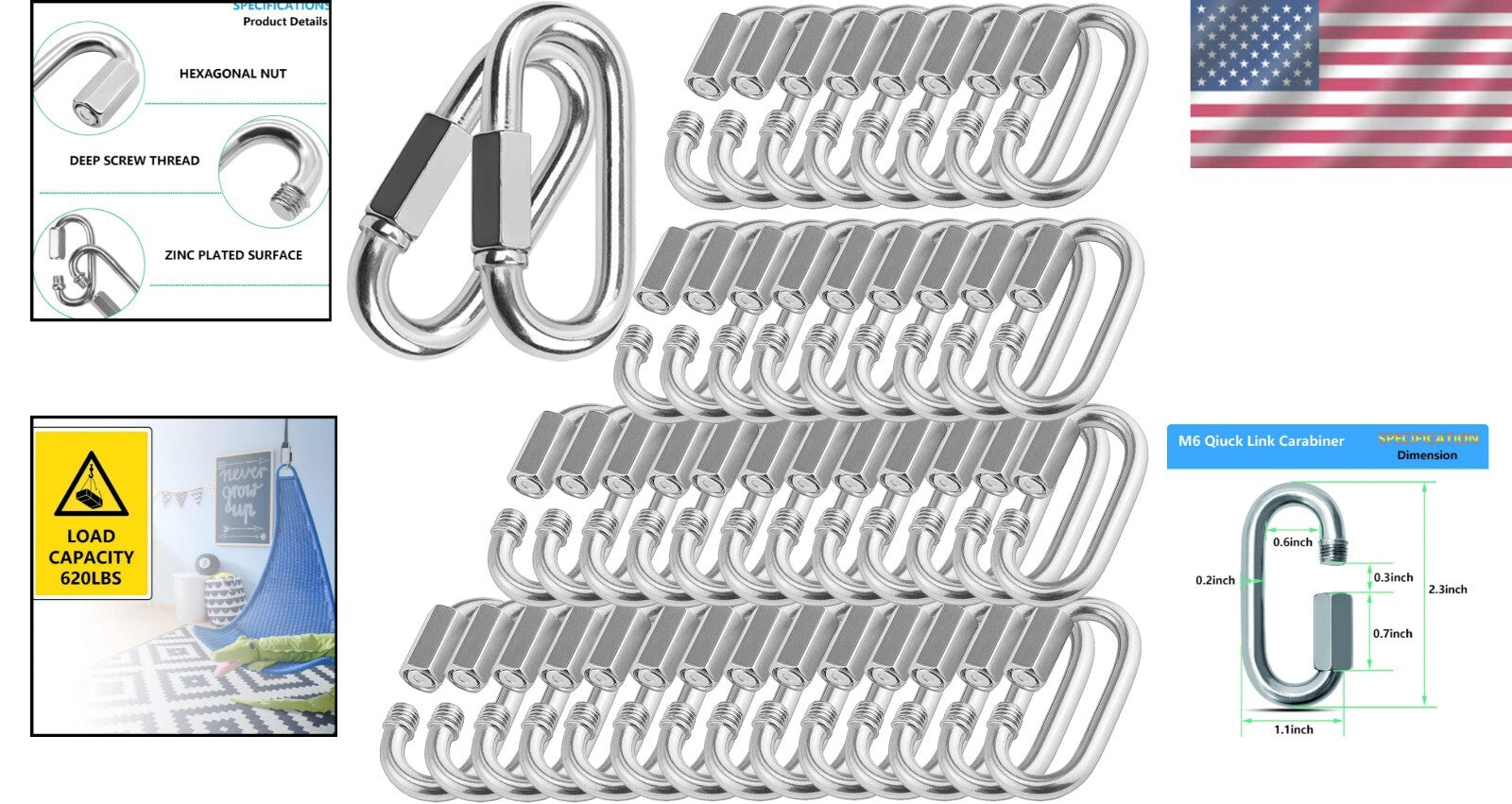 Heavy Duty 620lbs Quick Link Connector - 100 Pack Galvanized Carabiner Clips