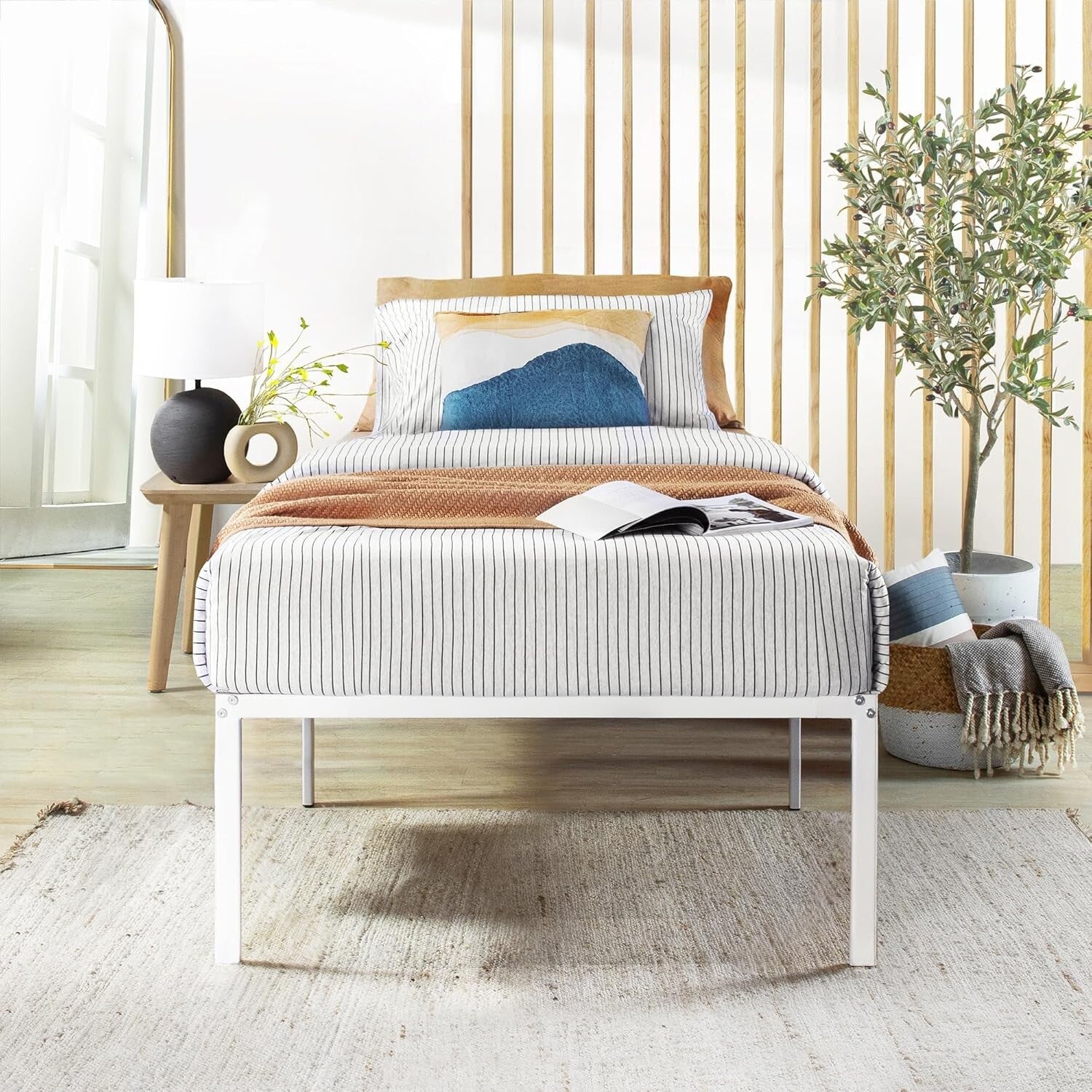 Elegant 18-Inch White Metal Platform Bed Frame with Steel Slats - Twin Size