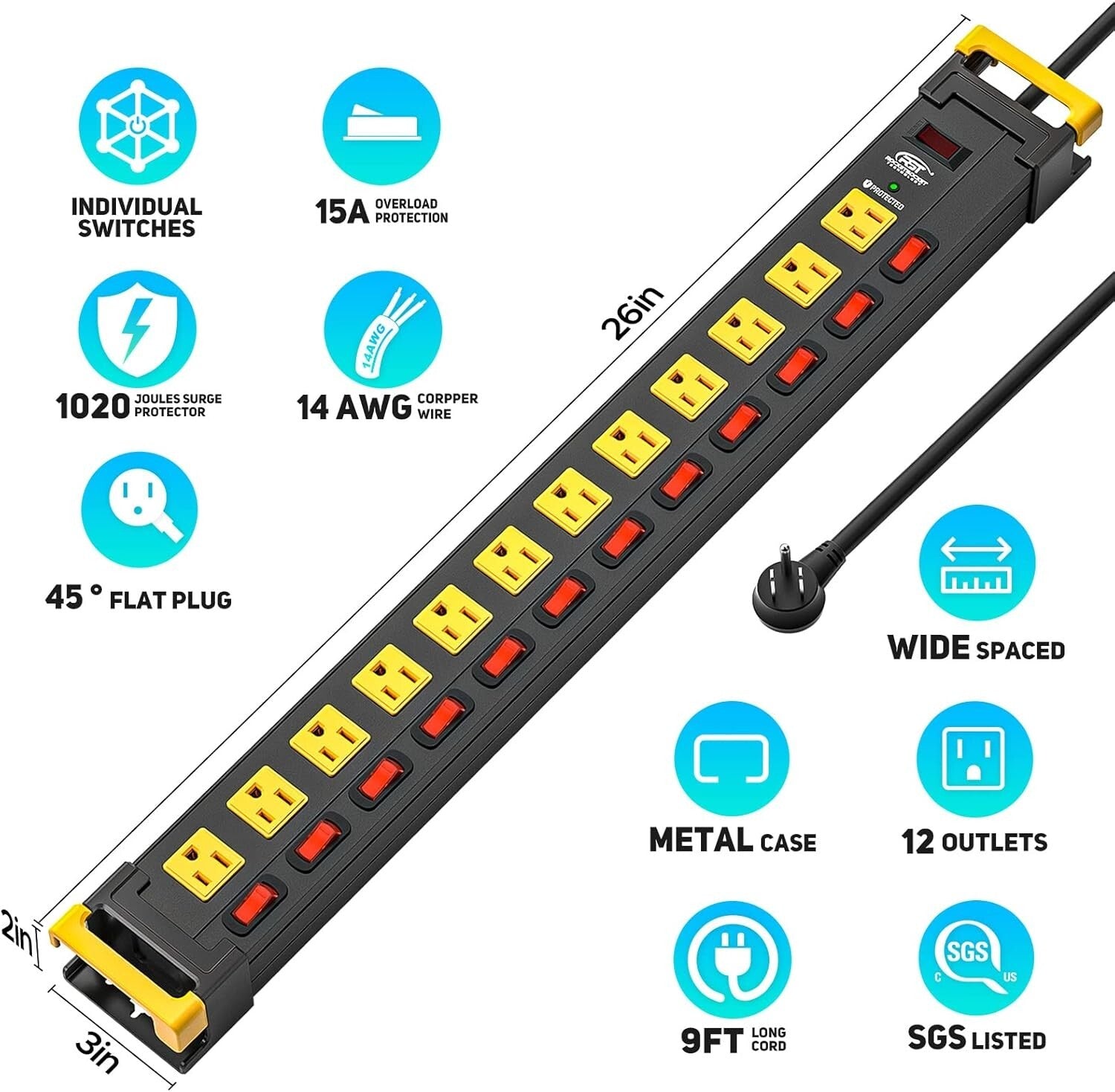 Durable 9FT Metal Power Strip with 12 Outlets & Individually Controlled Switches