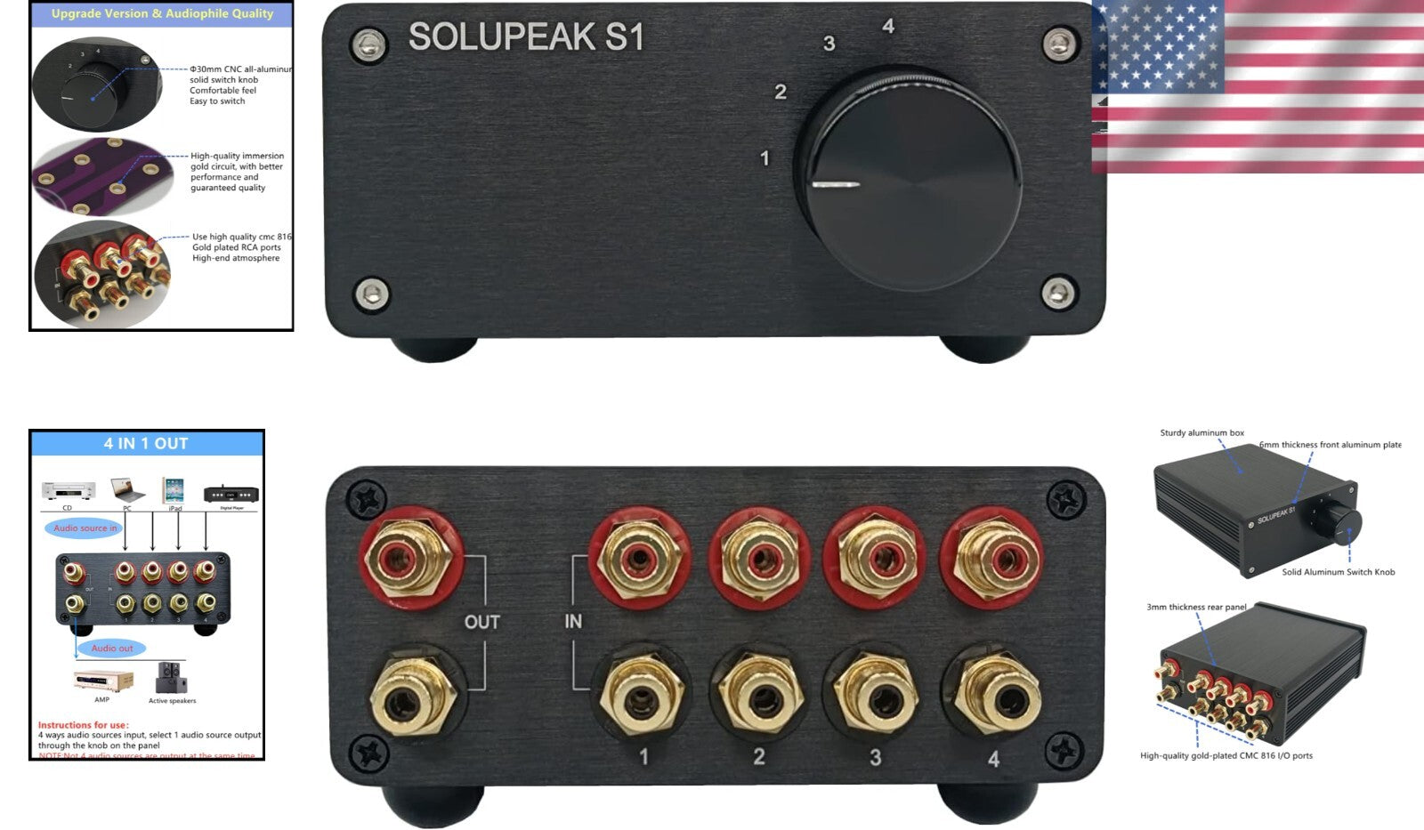 HiFi RCA Switch Stereo Selector - 4 Sources to 1 Output with Gold Connectors