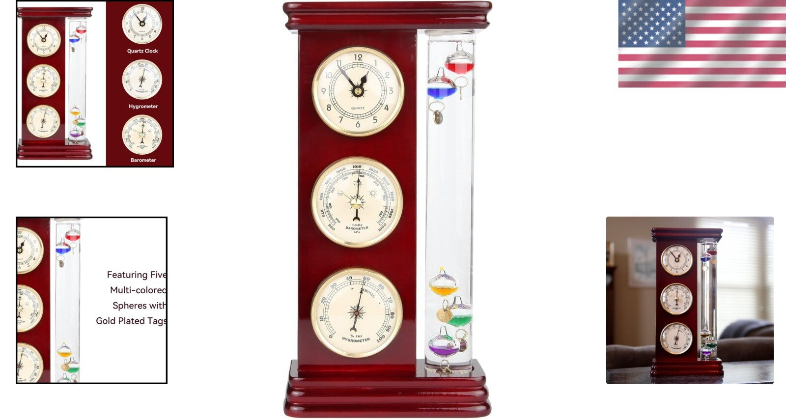 Classic Gold Weather Station with Galileo Thermometer & Multi-Colored Spheres