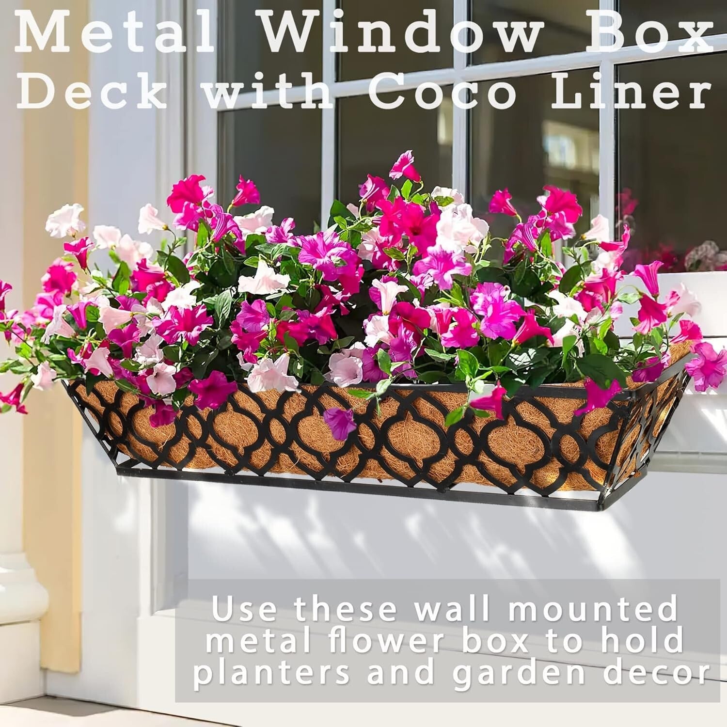 Durable 24 Inch Railing Planters - Black Metal with Coconut Coir Liners (4 Pack)
